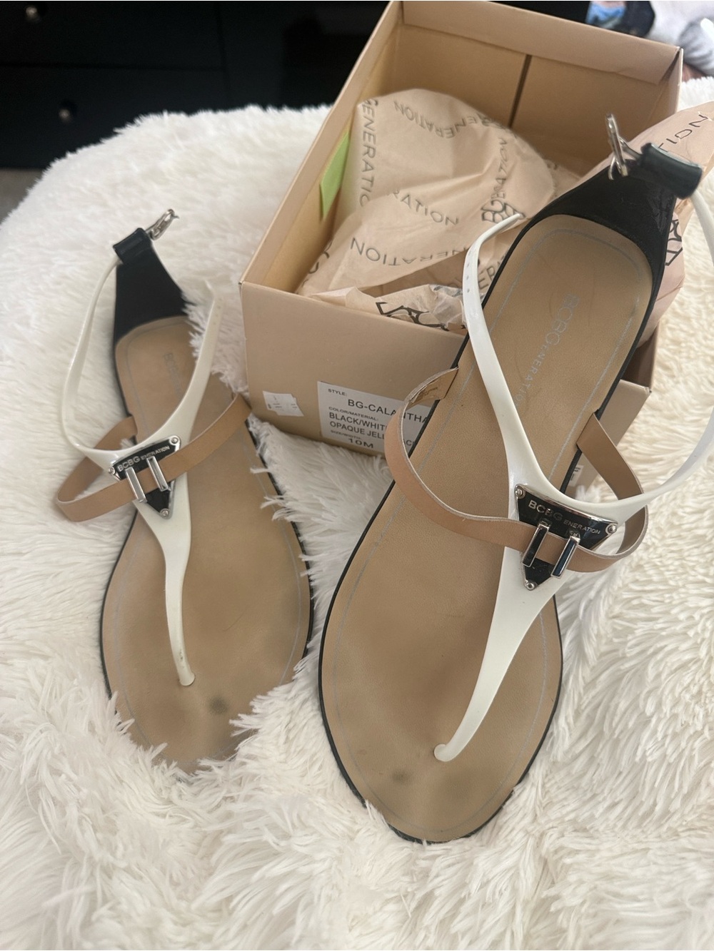 BCBGMaxAzria White, Tan and Black T-Strap Sandals